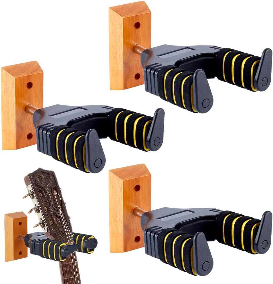 4 Pcs Guitar Wall Mount Black Wood Guitar Holder Hooks Auto Lock Guitars Wall Hanger for Classical Acoustic Electric Guitars Bass Gift