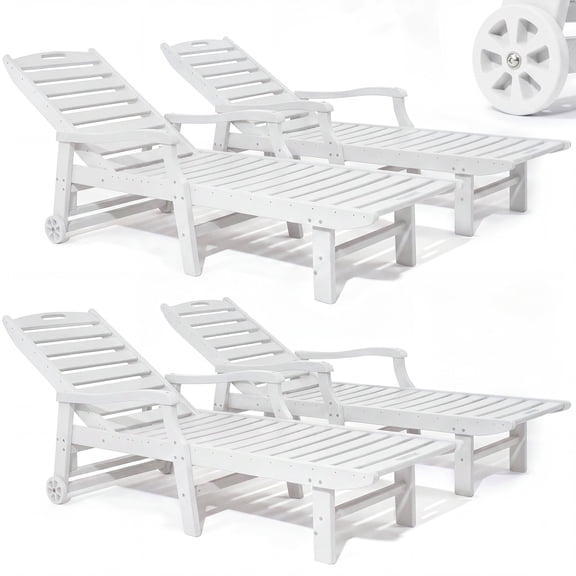 4 Pcs HDPE Patio Chaise Lounge Chair, Outdoor Reclining Pool Chair w/ Adjustable Backrest, for Patio, Deck, Backyard White