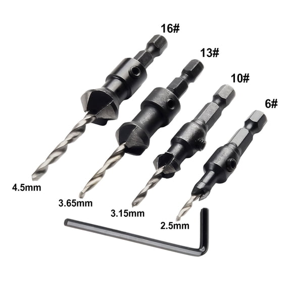 4 Pcs HSS Countersink Drill Bit Set with 1/4" Hex Shank for Wood Metal Plastic, Quick Change Kit
