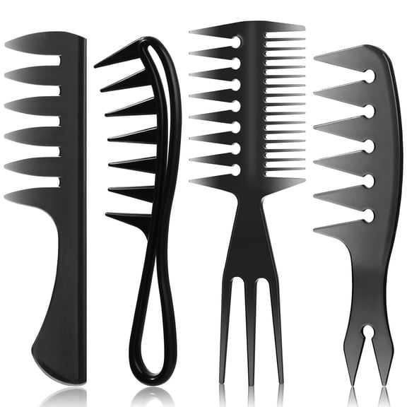 4 Pcs Hair Styling Combs Set Wide Tooth Texture Combs with Double Side Tail Barber Tool for Men Women Beard Hairstylist Tools African American Accessories, Black, 4 Styles