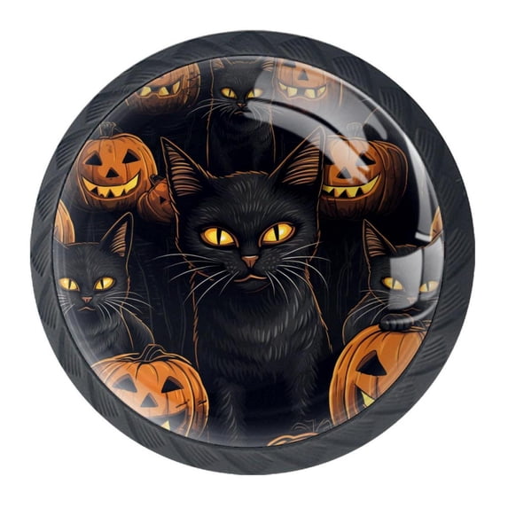 4 Pcs Halloween Black Cat Knobs for Kitchen Cabinet Cupboard Dresser Bookcase Drawer Pulls Handles Round Home Decor
