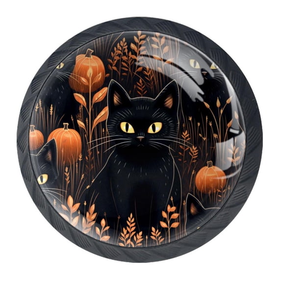4 Pcs Halloween Black Cat Knobs for Kitchen Cabinet Cupboard Dresser Bookcase Drawer Pulls Handles Round Home Decor
