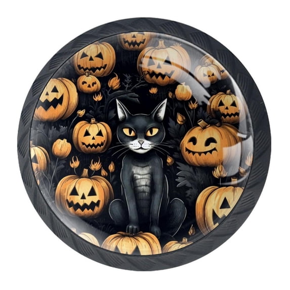 4 Pcs Halloween Black Cat Knobs for Kitchen Cabinet Cupboard Dresser Bookcase Drawer Pulls Handles Round Home Decor