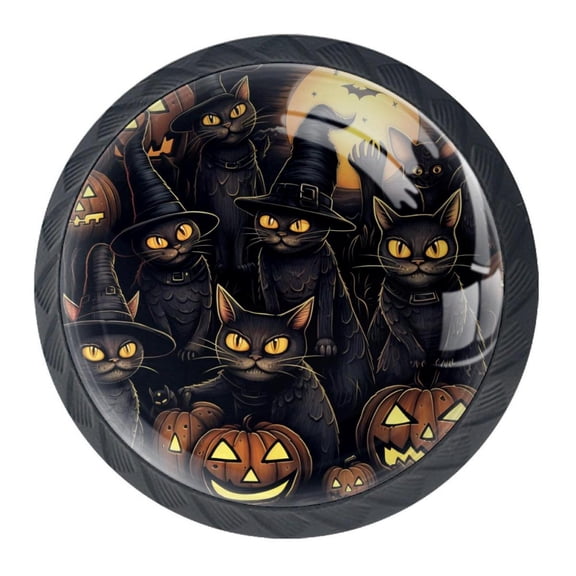 4 Pcs Halloween Black Cat Knobs for Kitchen Cabinet Cupboard Dresser Bookcase Drawer Pulls Handles Round Home Decor