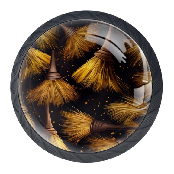4 Pcs Halloween Broom Knobs for Kitchen Cabinet Cupboard Dresser Bookcase Drawer Pulls Handles Round Home Decor