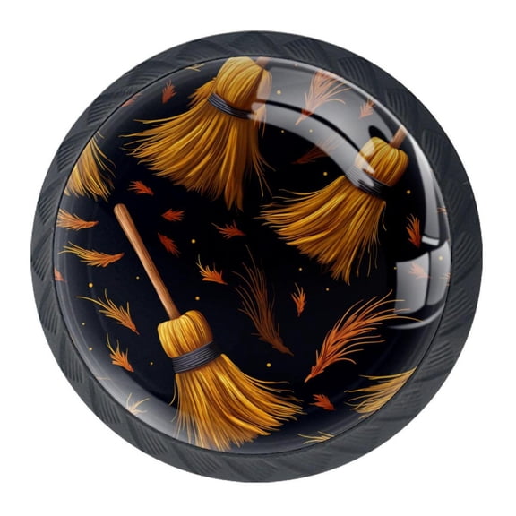 4 Pcs Halloween Broom Knobs for Kitchen Cabinet Cupboard Dresser Bookcase Drawer Pulls Handles Round Home Decor