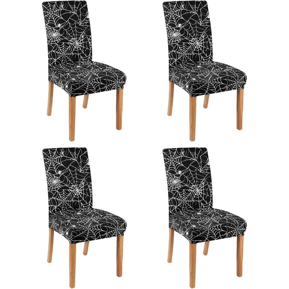 4 Pcs Halloween Chair Covers for Dining Room, Black Halloween Stretch Removable Dining Chair Cover Set of 4, Spider Web Chair Slipcovers Seat Protector for Halloween Restaurant Decor