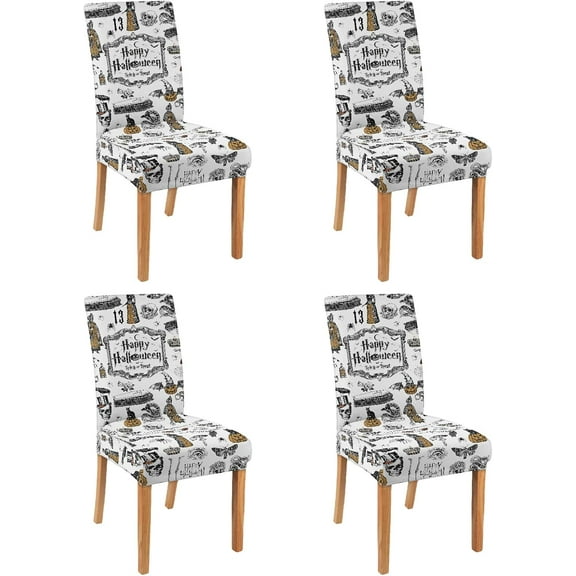 4 Pcs Halloween Chair Covers for Dining Room, Vintage Halloween Stretch Removable Dining Chair Cover Set of 4, Classical Chair Slipcovers Seat Protector for Halloween Restaurant Decor