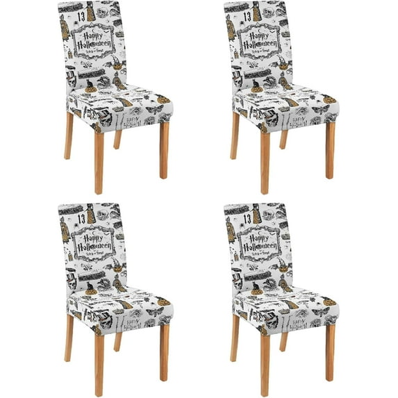 4 Pcs Halloween Chair Covers for Dining Room, Vintage Halloween Stretch Removable Dining Chair Cover Set of 4, Classical Chair Slipcovers Seat Protector for Halloween Restaurant Decor