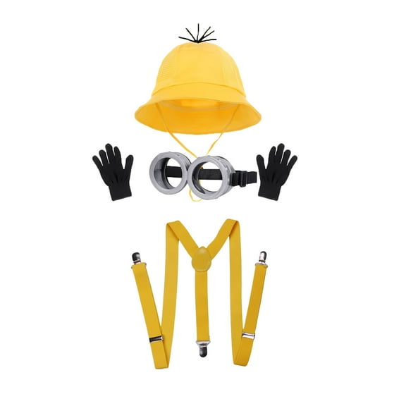 4 Pcs Halloween Costume Accessories Child-Yellow Bucket hat/Goggles/Gloves/Suspenders for Halloween Dress Up
