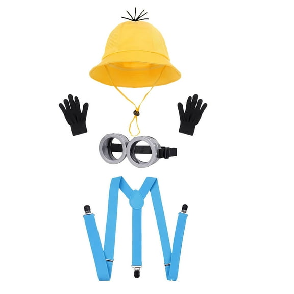 4 Pcs Halloween Costume Accessories Child-Yellow Bucket hat/Goggles/Gloves/Suspenders for Halloween Dress Up