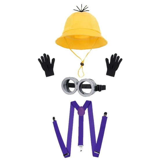 4 Pcs Halloween Costume Accessories Child-Yellow Bucket hat/Goggles/Gloves/Suspenders for Halloween Dress Up