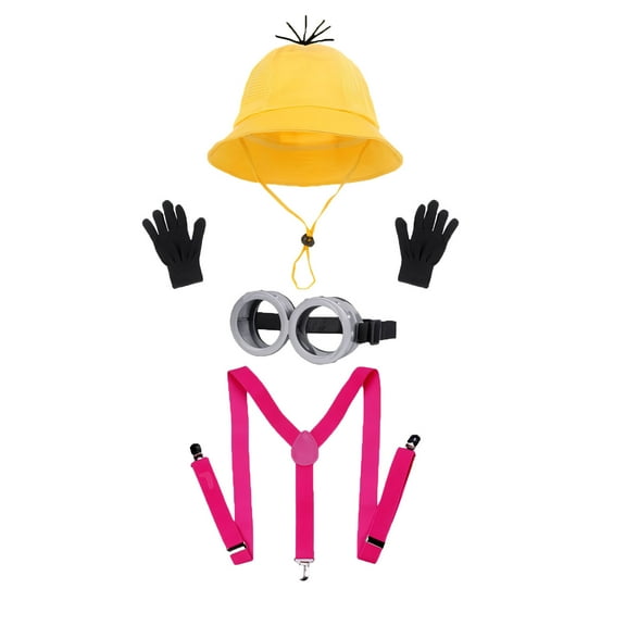 4 Pcs Halloween Costume Accessories Child-Yellow Bucket hat/Goggles/Gloves/Suspenders for Halloween Dress Up