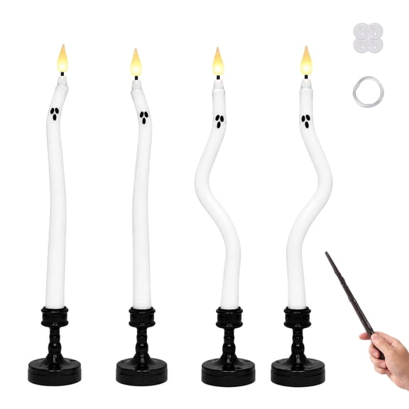 4 Pcs Halloween Decorations Indoor Curved Flameless Taper Ghost Candles with Magic Wand Remote Twisting Ghost Candles Decor LED Halloween Candles with Candlestick Holder