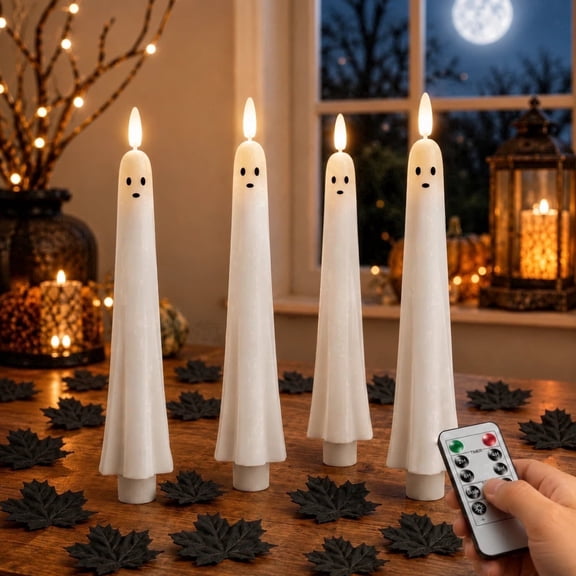 4 Pcs Halloween Ghost Candles Decorations Indoor LED Ghost Flameless Taper Candles with Timer Remote,Battery Operated,with 50 Fake Maple Leaf