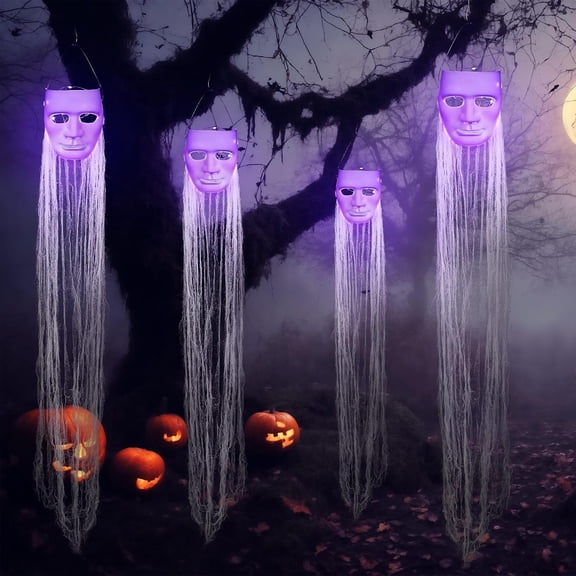 4 Pcs Halloween Decorations Outdoor Hanging Ghost White Masks with Purple LED Lights Swinging Floating Glowing Ghost Light up Halloween Outdoor Tree Lawn Yard Garden Porch Decorations