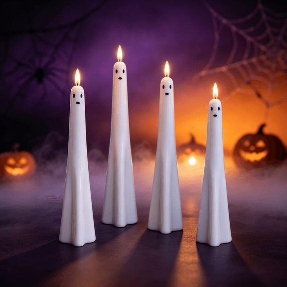 4 Pcs Halloween Flameless LED Taper Candles, Battery Operated Ghost Style, Realistic Flickering Light Effect, Decorative Accent for Halloween Table Centerpieces and Indoor Party Styling