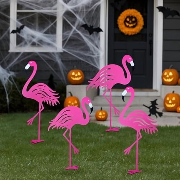 4 Pcs Halloween Flamingos Decor Pink Metal Large Flamingos for Yard Halloween Garden Statue Bird Yard Ornaments for Lawn, Patio Outside Art Decor$$Garden & Patio