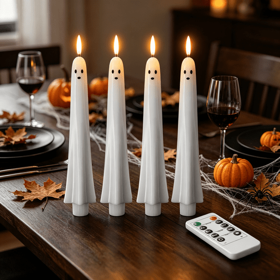 4 Pcs Halloween Ghost Flameless Taper Candles Flickering Battery Operated with Remote and Timer White Plastic LED Taper Candles Dinner Decor