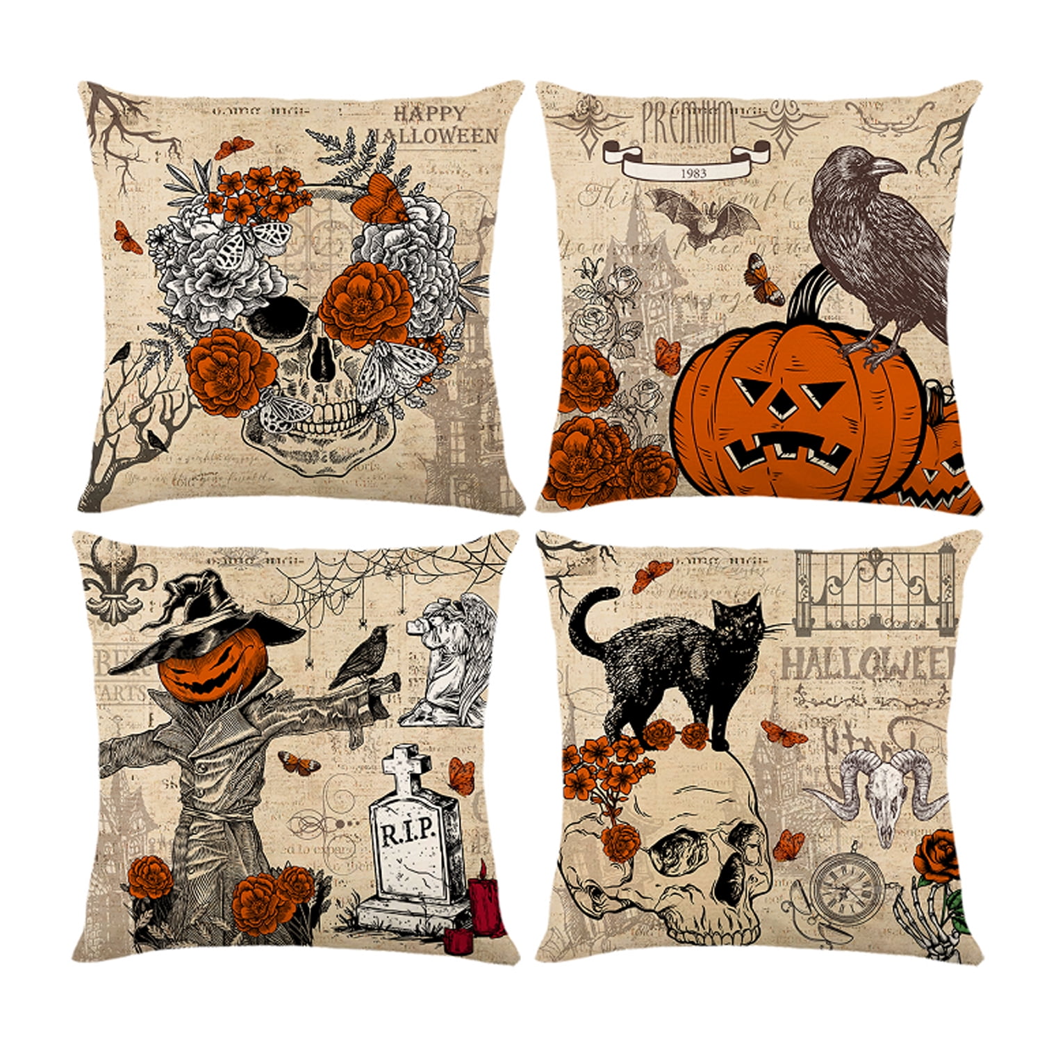 4 Pcs Halloween Pillow Covers 18x18inch,Crow Pumpkin Skull Scarecrow