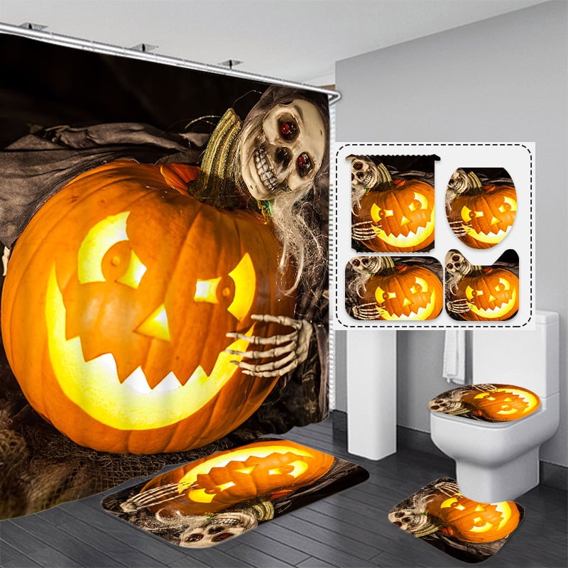 4 Pcs Halloween Shower Curtain Set with Rugs Toilet Lid Cover,Bloody