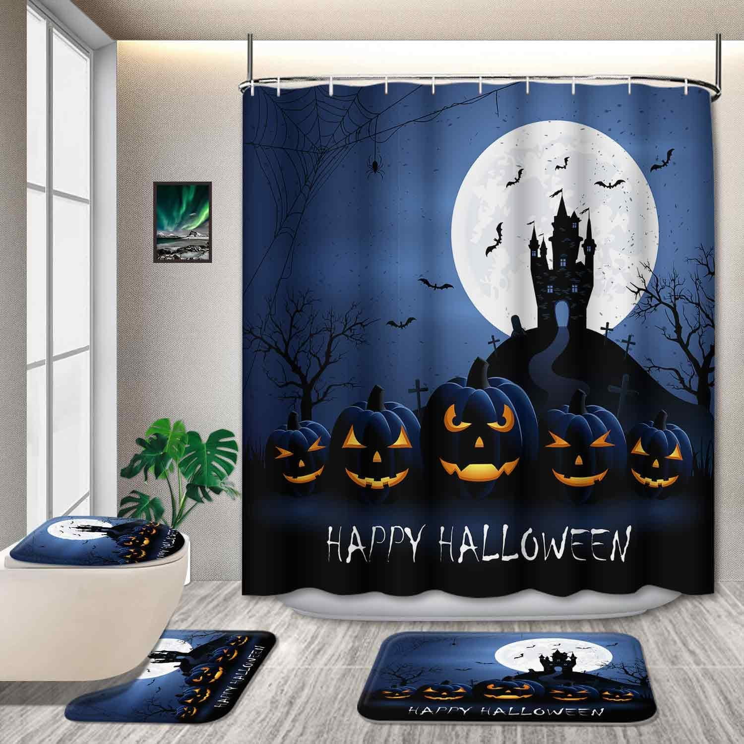 4 Pcs Halloween Shower Curtain Set, with NonSlip Rugs,Toilet Lid Cover