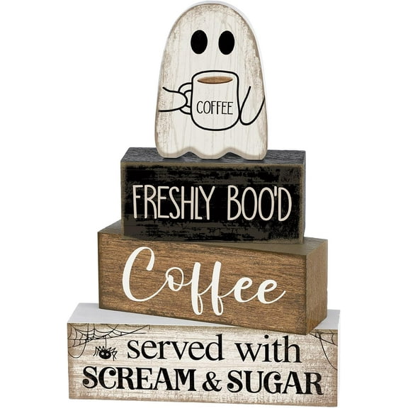 4 Pcs Halloween Table Decor Coffee Ghost Wooden Sign Halloween Tiered Tray Decor Farmhouse Ghost Tabletop Centerpiece Decorative Coffee Bar Block Signs for Home Office Kitchen Shelf