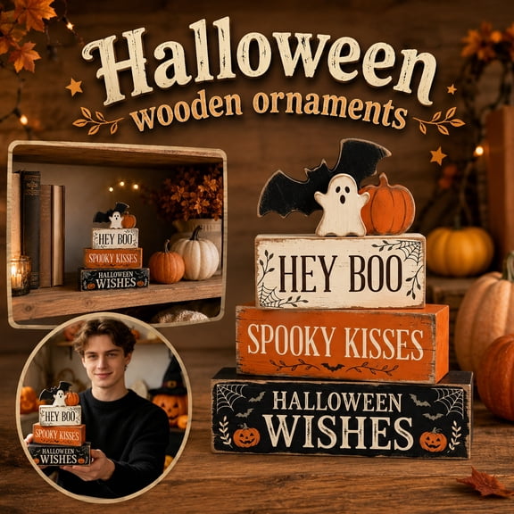 4 Pcs Halloween Table Decor, Hey Boo Tiered Tray Decorations,Farmhouse Rustic Wooden Block Signs with Ghost Jack-O-Lantern Bat, Spooky Kisses Tabletop Centerpiece for Home Shelf Kitchen Coffee Bar