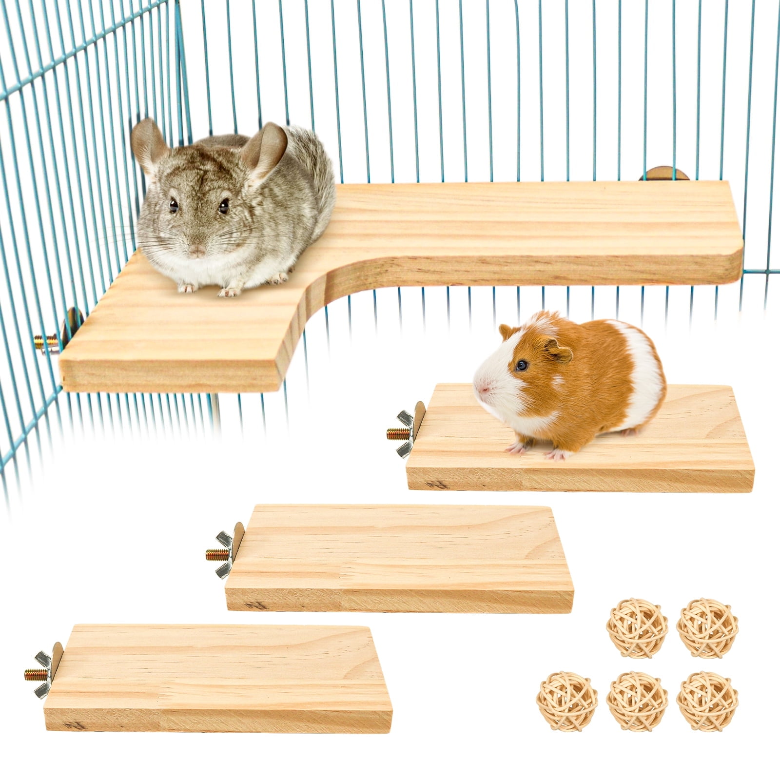 4 Pcs Hamster Wooden Platform, L-Shaped Large Platform Natural Wooden Parrot Round Standing Board, Rat Activity Chinchilla Bird Cage Accessories for Squirrel Gerbil Chinchilla Dwarf Hamster