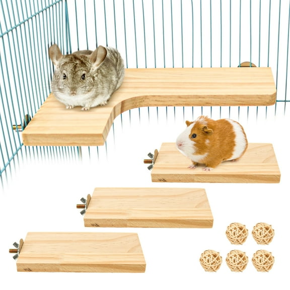 4 Pcs Hamster Wooden Platform, L-Shaped Large Platform Natural Wooden Parrot Round Standing Board, Rat Activity Chinchilla Bird Cage Accessories for Squirrel Gerbil Chinchilla Dwarf Hamster