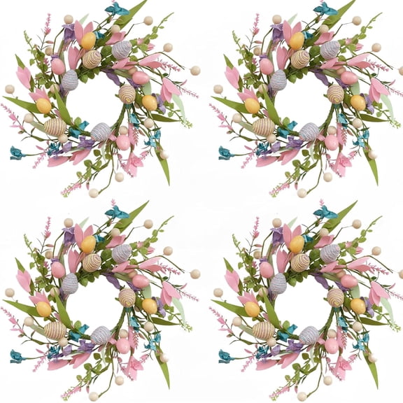 4 Pcs Hand-Wrapped Easter Egg Wreaths - Artisan Crafted Eggs with Faux Foliage for Front Door Living Room Kitchen and Window Holiday Decor