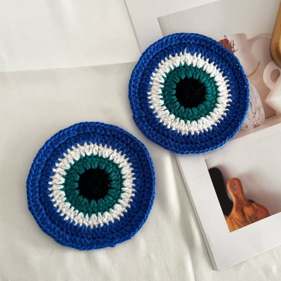 4 Pcs Handmade Evil Eye Crochet Coasters, Acrylic Yarn Washable Drink Coasters, 4.72" Home Decor Gift