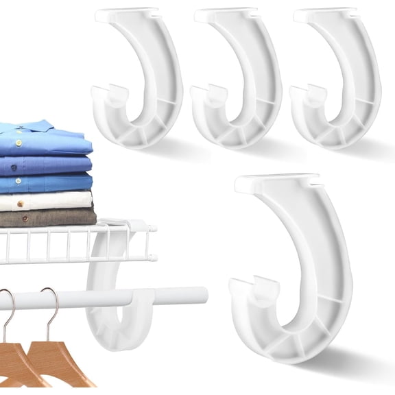 4 Pcs Hanging Closet Rod Support, J-Shaped 3/4 Center Support Bracket Clothes Storage Hanger Shelf Holder for Wire Shelving(White) -
