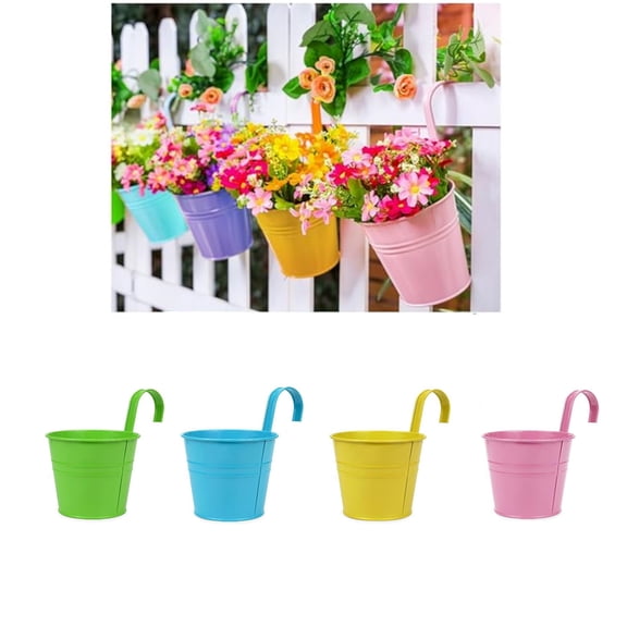 4 Pcs Hanging Flower Pots,Detachable Hook Planter,Multi Color Flower Pots,Metal Iron Flower Pots,Durable Planter with Drainage Hole for Indoor,Outdoor