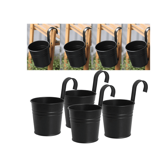 4 Pcs Hanging Flower Pots Metal Iron Bucket Planter Pot Metal Bucket Flower Holder with Hook Indoor Outdoor Decor for Railing Fence Balcony Garden (Black),Christmas Gift
