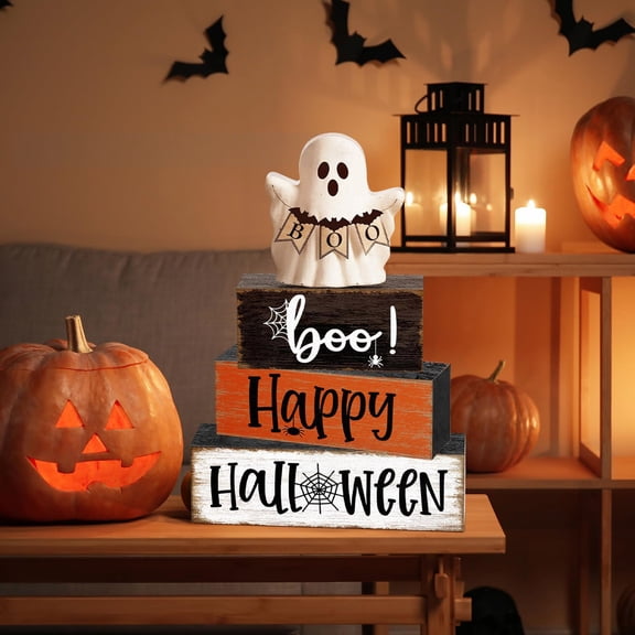 4 Pcs Happy Halloween Boo Ghost Wooden Stacked Block Sign, Rustic Farmhouse Tiered Tray Decor, Halloween Tabletop Mantel Shelf Centerpiece Decorations for Home Party