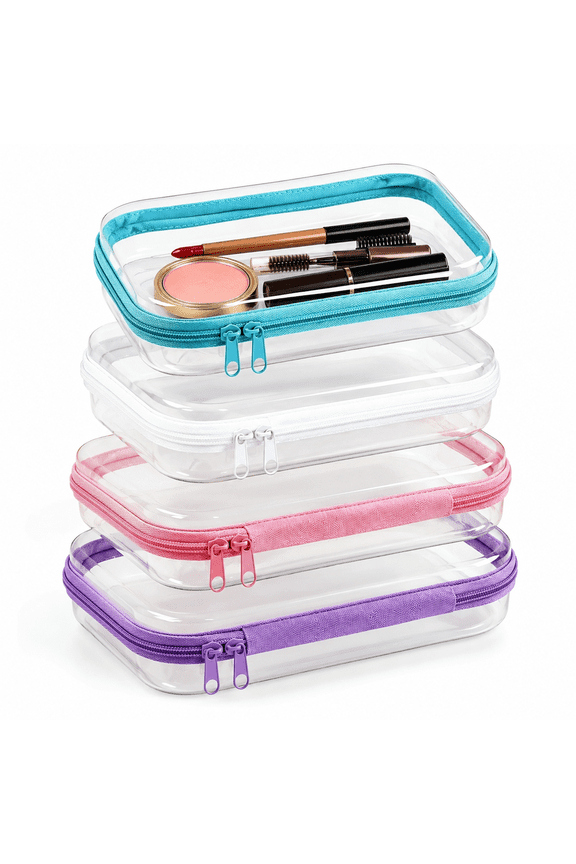4 Pcs Hard Clear Zipper Case,Hard Shell Zipper Case,Hard Sided Pencil Case,Travel Makeup Bag,Toys Puzzles Organizer,Plastic Storage Box for Makeup Building Blocks,Multicolor,Small