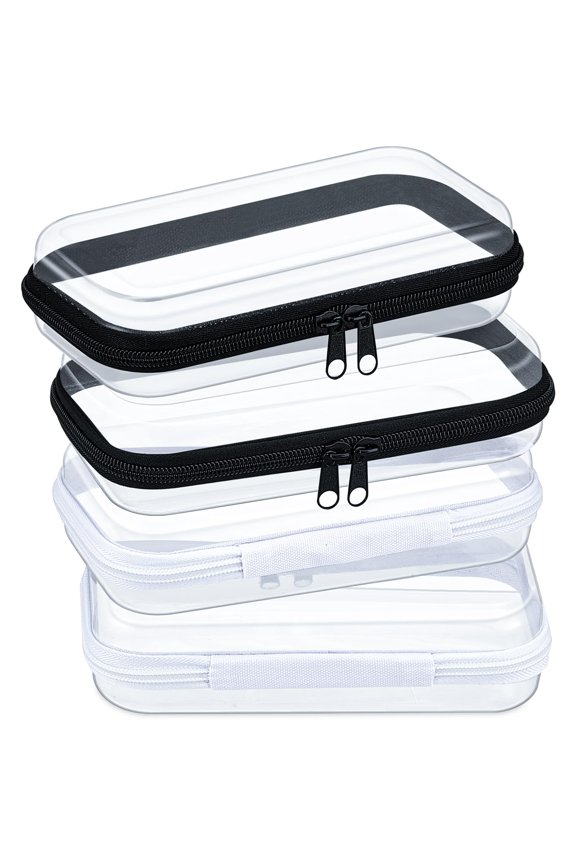 4 Pcs Hard Clear Zipper Case Makeup Bags Plastic Zipper Pouch Transparent Storage Box Containers for Cosmetics,Snacks,Building Blocks,Puzzles(Clear,7.5 x 3.9 x 2 in,Black and White)