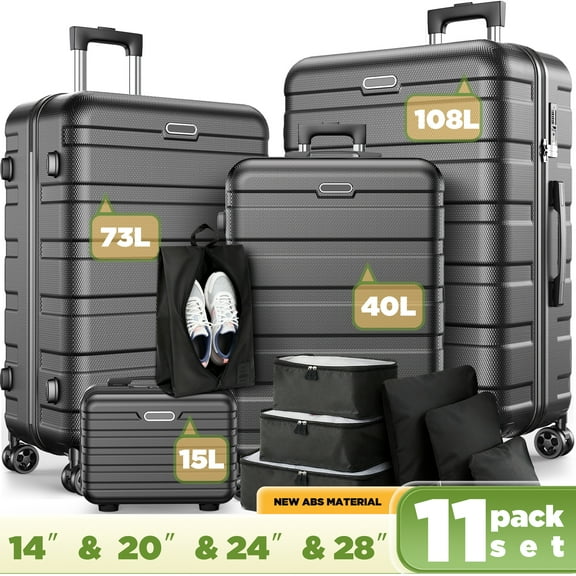 11 Pack Luggage Set Hardshell Lightweight Suitcase with Integrated TSA-style Lock and Spinner Wheels, 14" Travel Case, 20" Carry-On Luggage, 24" Checked Luggage, 28" Checked Luggage, Black