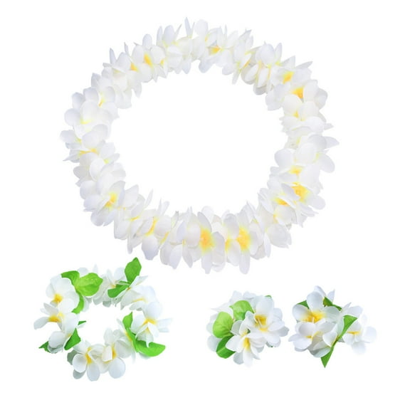 4 Pcs Hawaiian Headpiece Thicken Artificial Flower Headband Necklace Bracelet Hawaiian Garland Tropical Beach Party Fancy Decors (White)