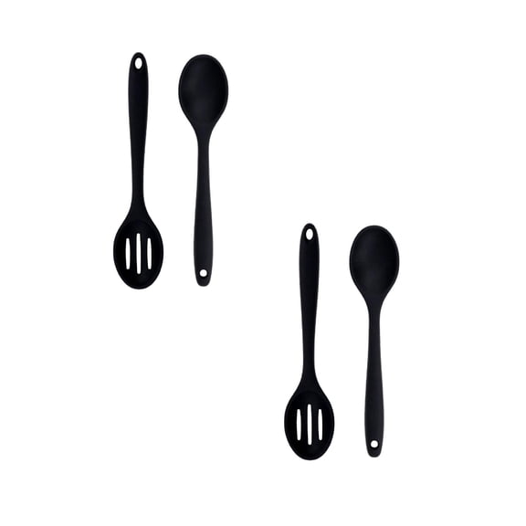 4 Pcs Heat Resistant Silicone Cooking Spoon Spatula, Large Kitchen Solid and Slotted Spoons Non-stick Dishwasher Safe Nonstick Kitchen Spoons Set for Mixing, Serving, Scraping, 7.95"x1.69", Black