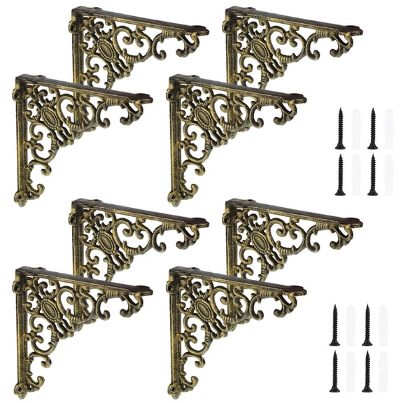 4 Pcs Heavy Duty Antique Brass Shelf Brackets 8'' Wall Mounted Shelf Brackets Decorative Floating Rack Shelving Hardware for Kitchen Bathroom Home Cabinet Shelves Support (Classic)
