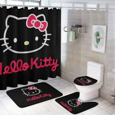 4 Pcs Hello_Kitty Bathroom Set with Shower Curtain with Non-Slip Rugs, Toilet Lid Cover And Non-Slip U Shape Bath Mat, Bathroom Decoration with 12 Hooks 72 X 72 Inches