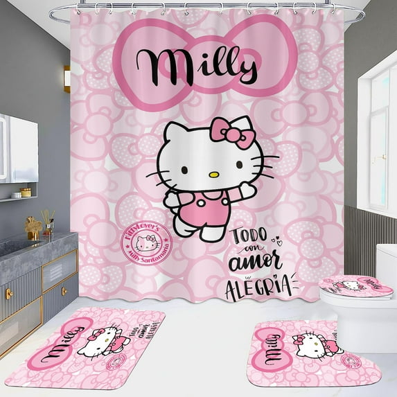 4 Pcs Hello Kitty Shower Curtain Set with Non-Slip Rugs, Hello Kitty Toilet Lid Cover and Bath Mat, Hello Kitty Bathroom Decor Set with Shower Curtain and Rugs