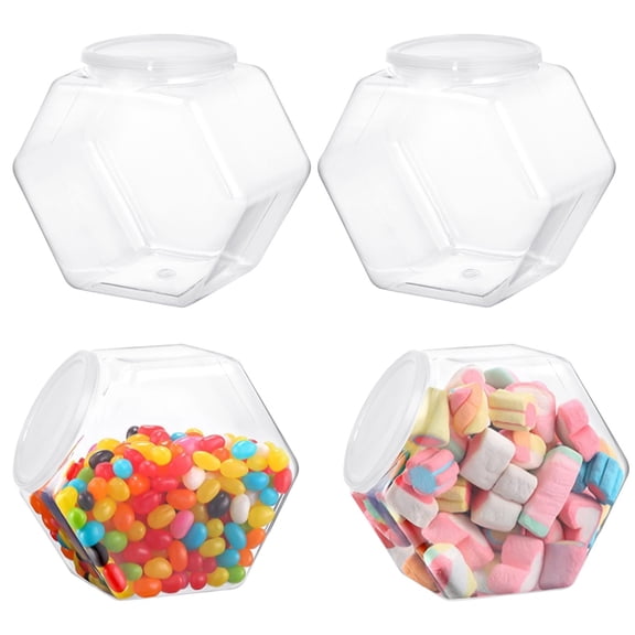 4 Pcs Hexagon Plastic Containers, Clear Cookie Canisters with Airtight Caps, Candy Pots, Wide Round Opening for Snacks, Dog Food, Coffee Beans, Reusable Display