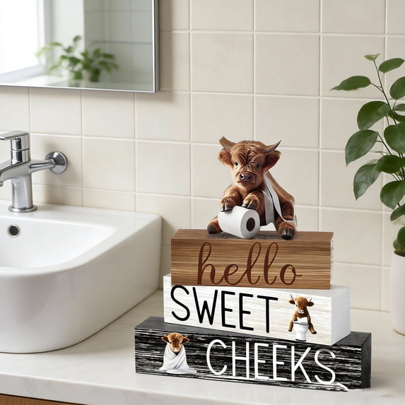 4 Pcs Highland Cow Bathroom Decor Cow Table Decorations Rustic Hello Sweet Cheeks Western Tabletop Centerpieces Farmhouse Highland Decor for Home Desk Room Kitchen Shelf