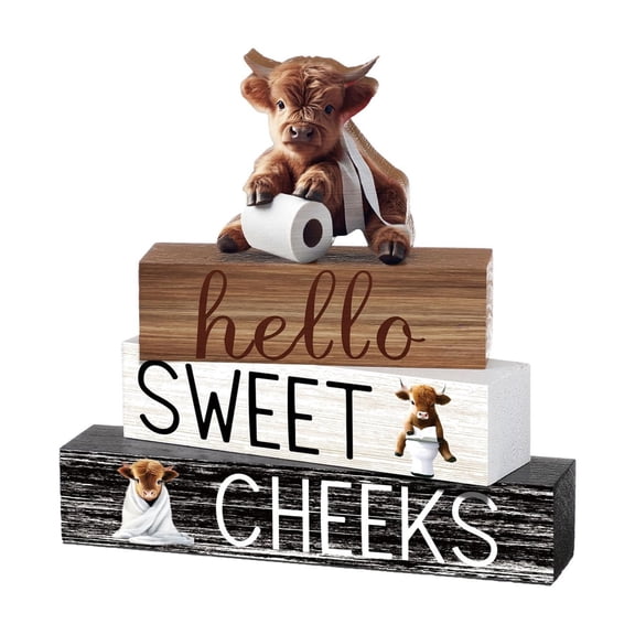 4 Pcs Highland Cow Bathroom Decor Cow Table Decorations Rustic Hello Sweet Cheeks Western Tabletop Centerpieces Farmhouse Highland Decor for Home Desk Room Kitchen Shelf