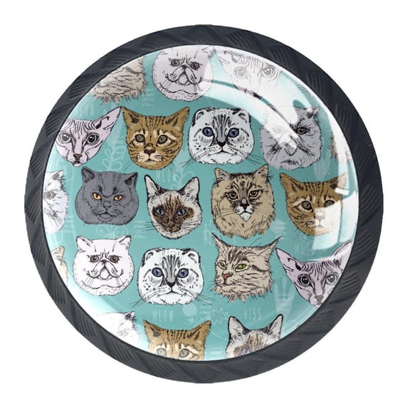 4 Pcs Hispster Cats Kittens Knobs for Kitchen Cabinet Cupboard Dresser Bookcase Drawer Pulls Handles Round Home Decor