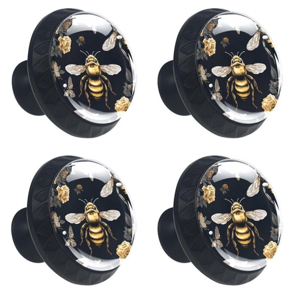 4 Pcs Honey Bees Flying on Blossom Flowers Print Cabinet Knobs 30mm Round Crystal Glass Drawer Handles Pulls with Screws for Kitchen Cupboard Wardrobe Closet Dresser, Home&Office