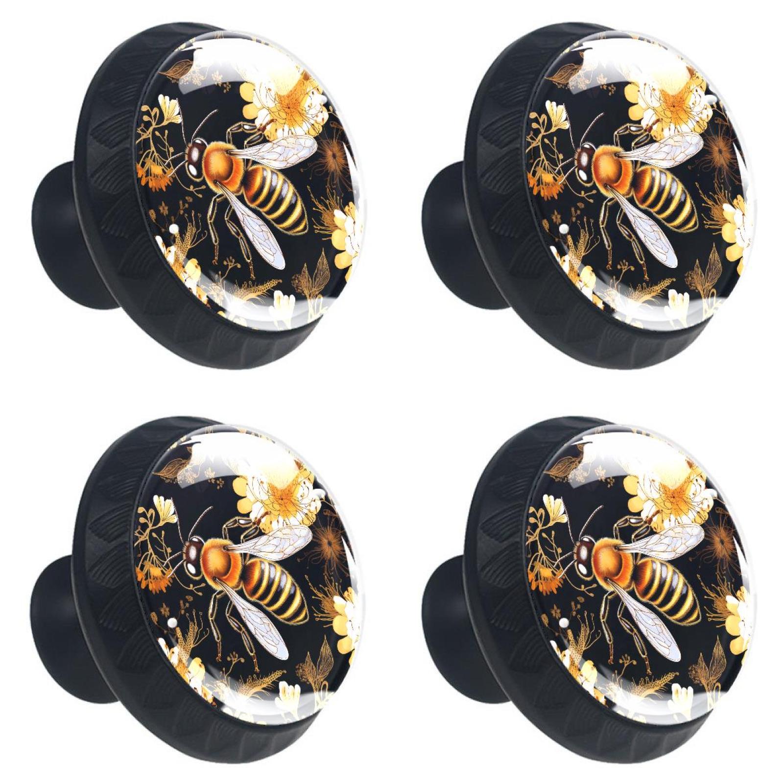 4 Pcs Honey Bees Flying on Blossom Flowers Print Knobs 30mm Round Crystal Glass Drawer